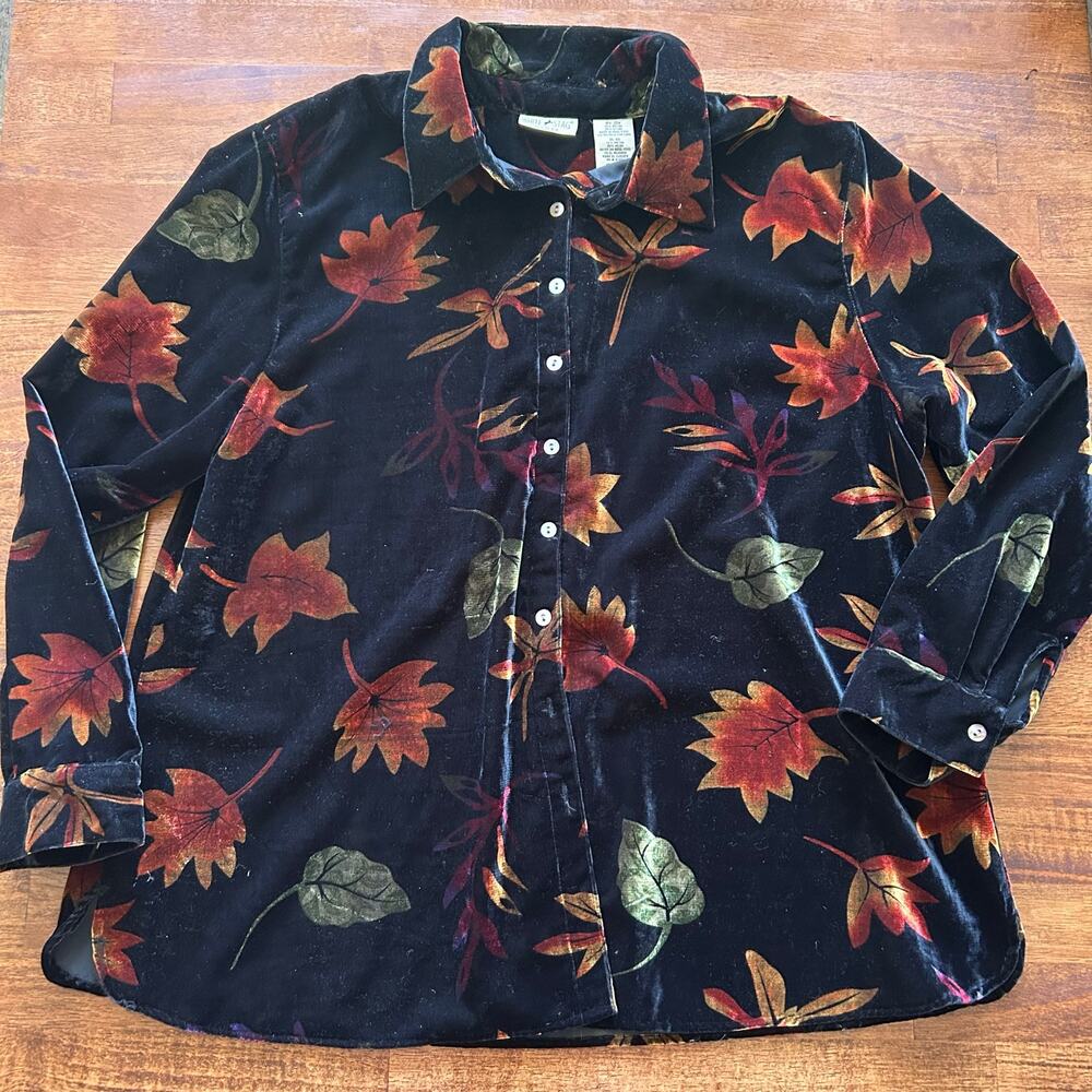 Velvet Autumn Leaf Print Button-Down Blouse, Cozy Fall Fashion